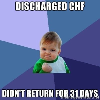 Discharged CHF.  Didn't Return for 31 days humor meme.